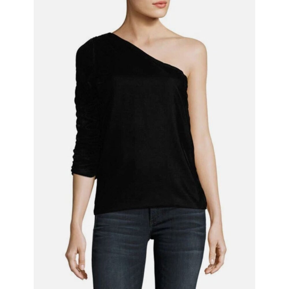 Joie New Black Wayman One-Shoulder Ruched Sleeve Velvet‎ Blouse Top Size 10 Silk